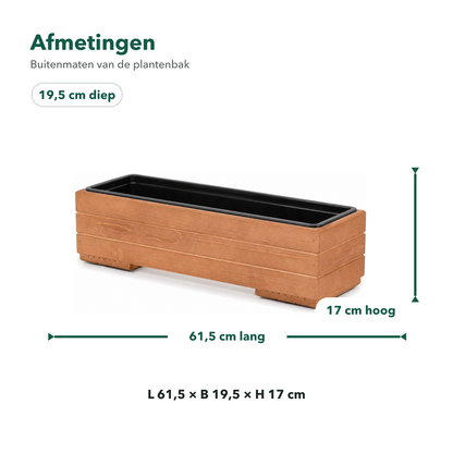 Afmetingen houten balkonplantenbak 61,5 × 19,5 × 17 cm walnoot met binnenbak 