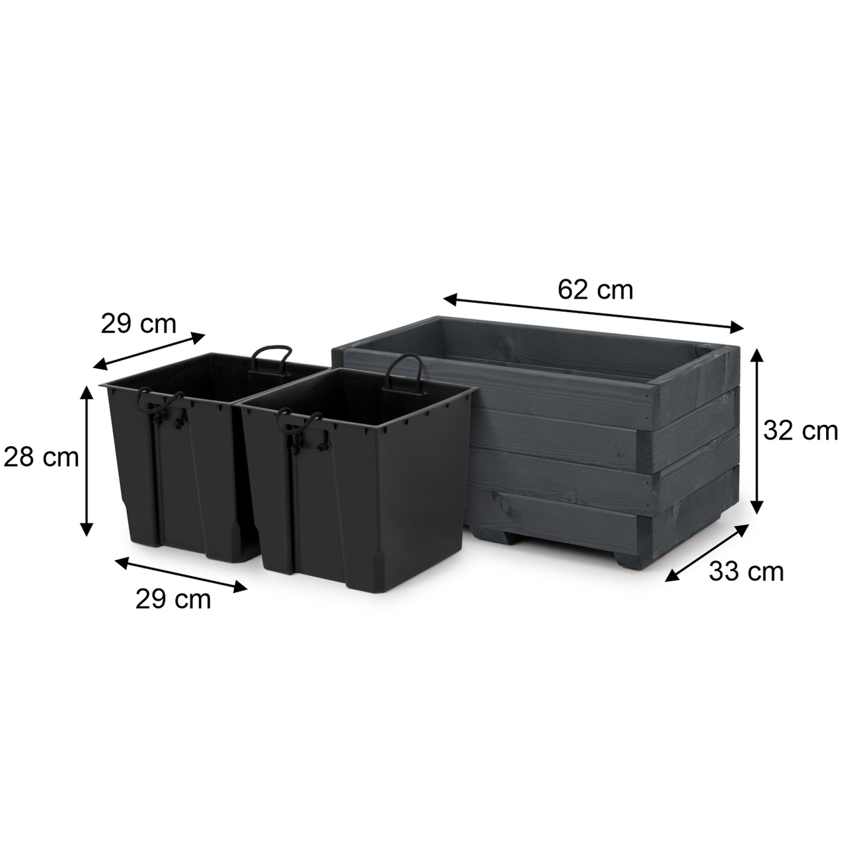 Afmetingen houten plantenbak 62 × 33 × 32 cm en binnenbakken 29 × 29 × 28 cm in antraciet 