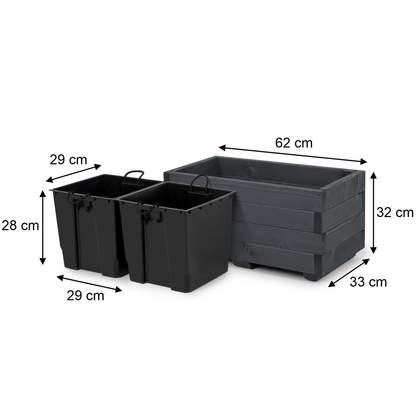 Afmetingen houten plantenbak 62 × 33 × 32 cm en binnenbakken 29 × 29 × 28 cm in antraciet 