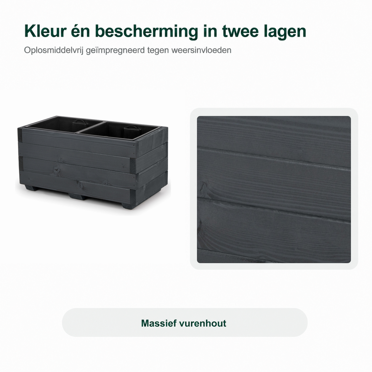 Detail van antraciet plantenbak 62 cm: oplosmiddelvrij geïmpregneerd in twee lagen tegen weersinvloeden 