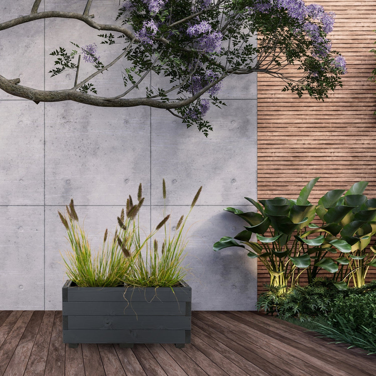 Houten plantenbak 62 cm in antraciet met echte beplanting in een tuinsituatie 