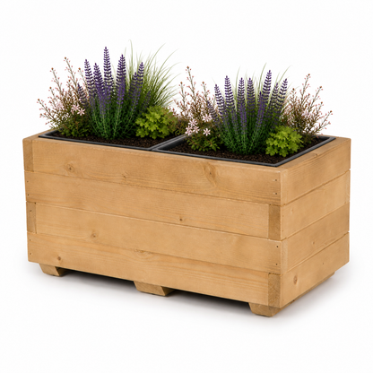 Houten plantenbak 62 cm met twee binnenbakken in light oak, rustig beplant met zichtbare aarde op witte achtergrond 