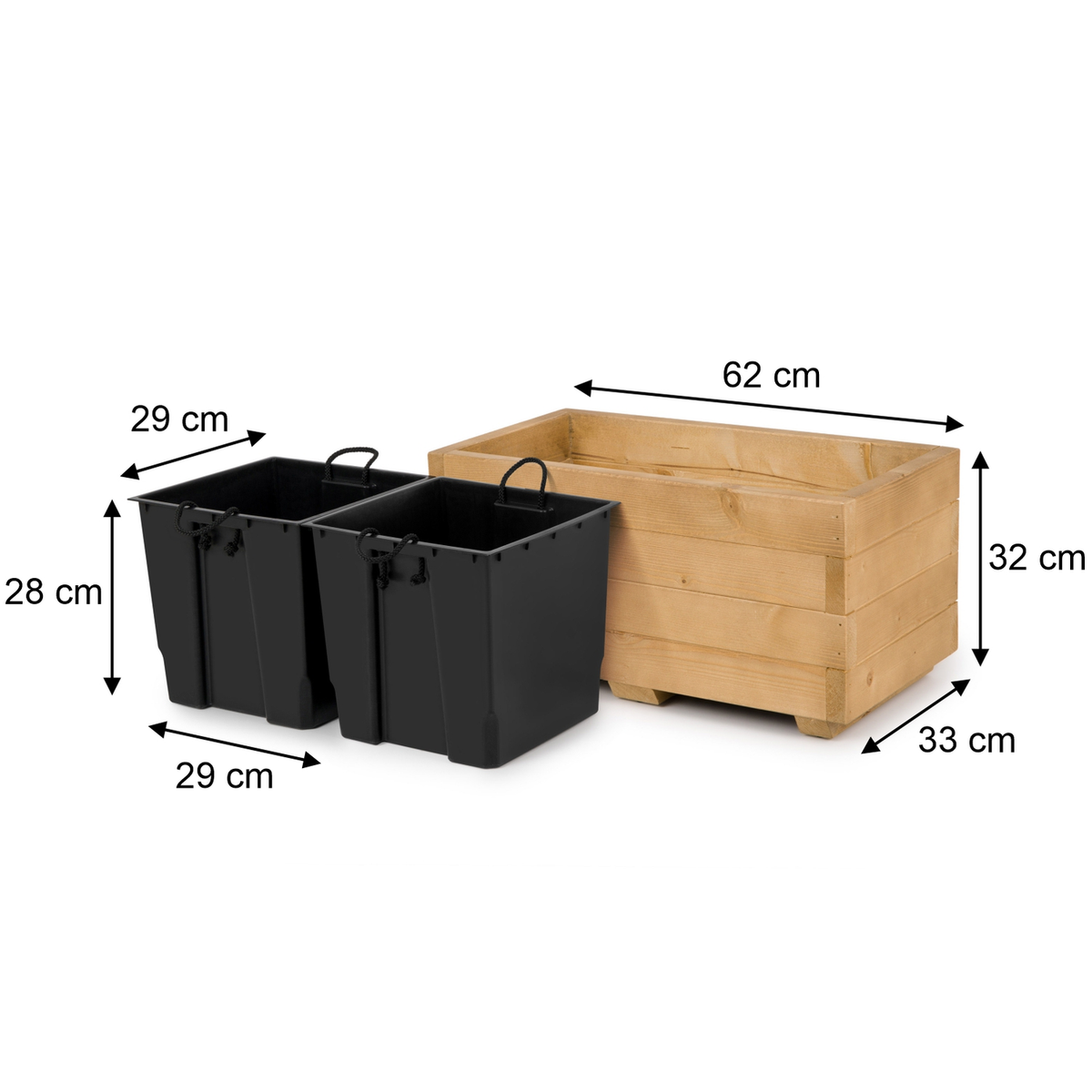 Afmetingen houten plantenbak 62 × 33 × 32 cm en binnenbakken 29 × 29 × 28 cm in light oak 