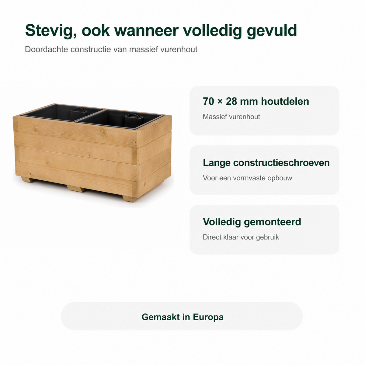 Stevige constructie van houten plantenbak 62 cm in light oak, volledig gemonteerd en gemaakt in Europa 