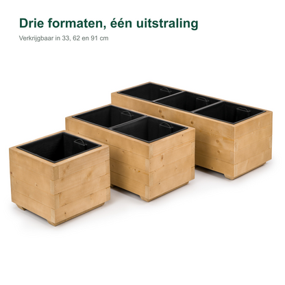 Formaatvergelijking houten plantenbakken met binnenbak van 33, 62 en 91 cm in light oak 