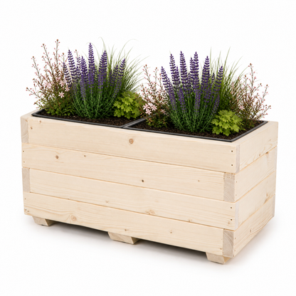 Houten plantenbak 62 cm met twee binnenbakken in naturel, rustig beplant met zichtbare aarde op witte achtergrond 