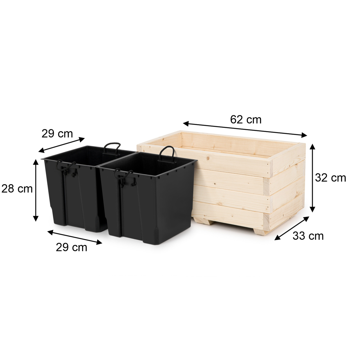 Afmetingen houten plantenbak 62 × 33 × 32 cm en binnenbakken 29 × 29 × 28 cm in naturel 