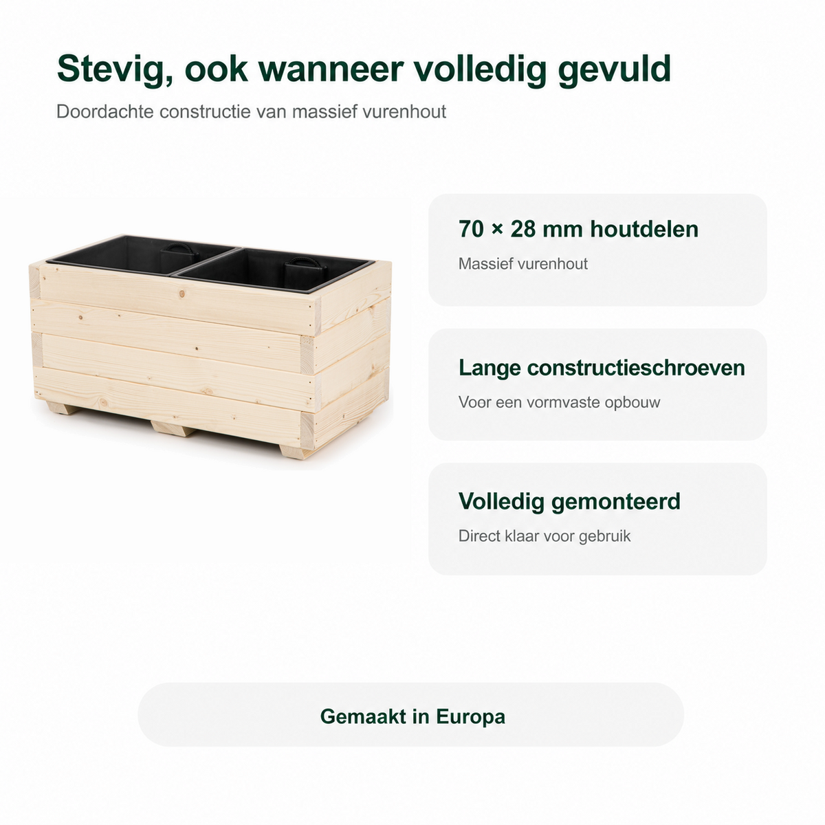 Stevige constructie van houten plantenbak 62 cm in naturel, volledig gemonteerd en gemaakt in Europa 