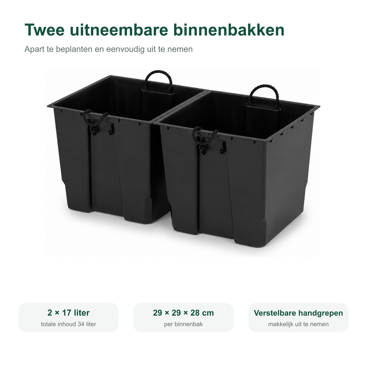 Twee uitneembare binnenbakken voor houten plantenbak 62 cm in walnoot 