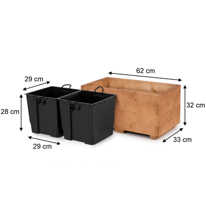 Afmetingen houten plantenbak 62 × 33 × 32 cm en binnenbakken 29 × 29 × 28 cm in walnoot 