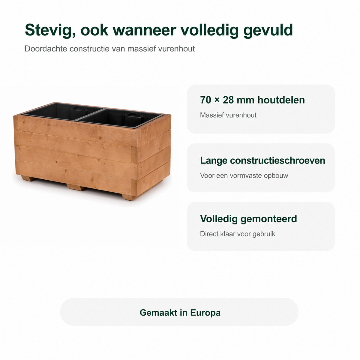 Stevige constructie van houten plantenbak 62 cm in walnoot, volledig gemonteerd en gemaakt in Europa 