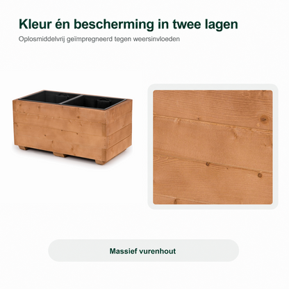 Detail van walnoot plantenbak 62 cm: oplosmiddelvrij geïmpregneerd in twee lagen tegen weersinvloeden 