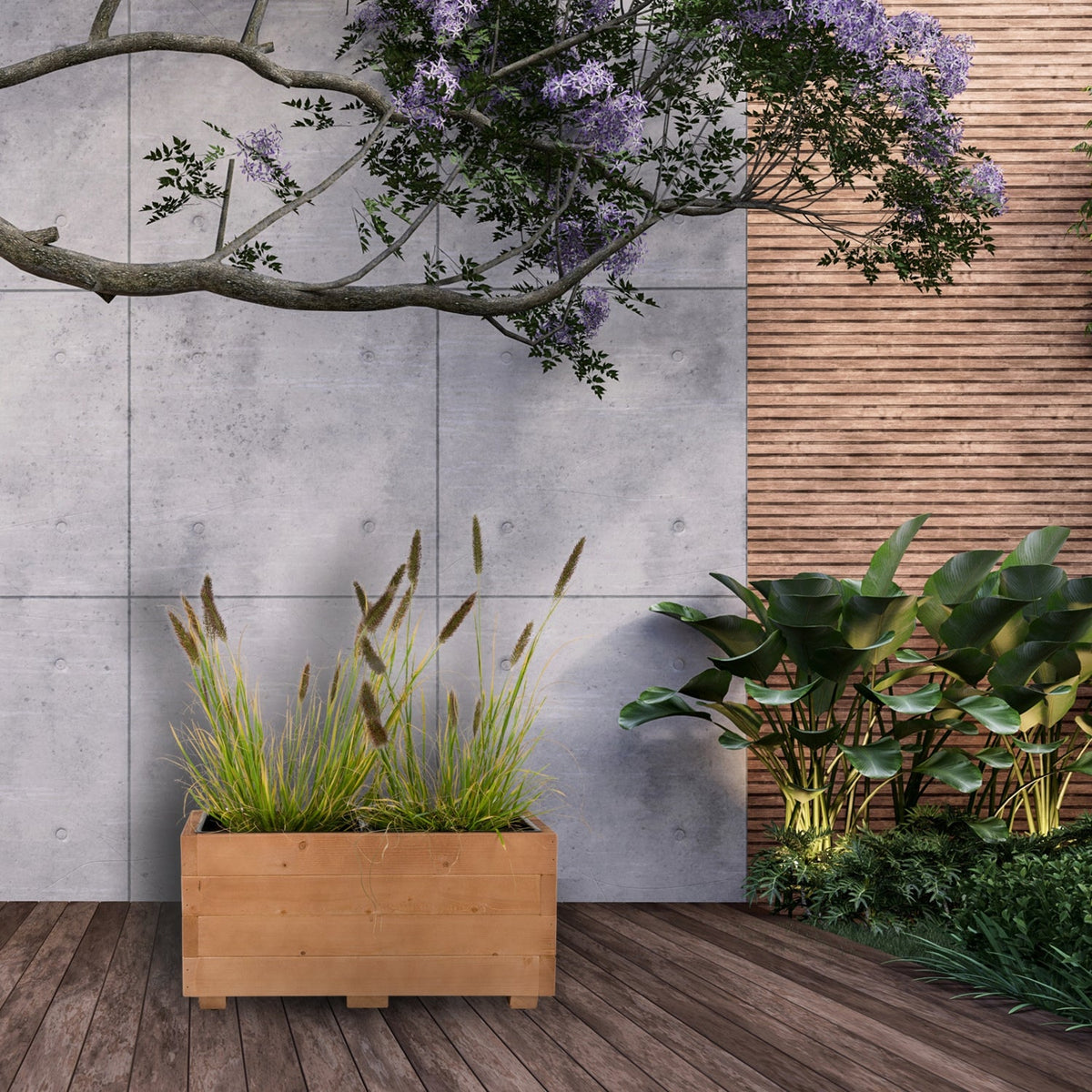 Houten plantenbak 62 cm in walnoot met echte beplanting in een tuinsituatie 