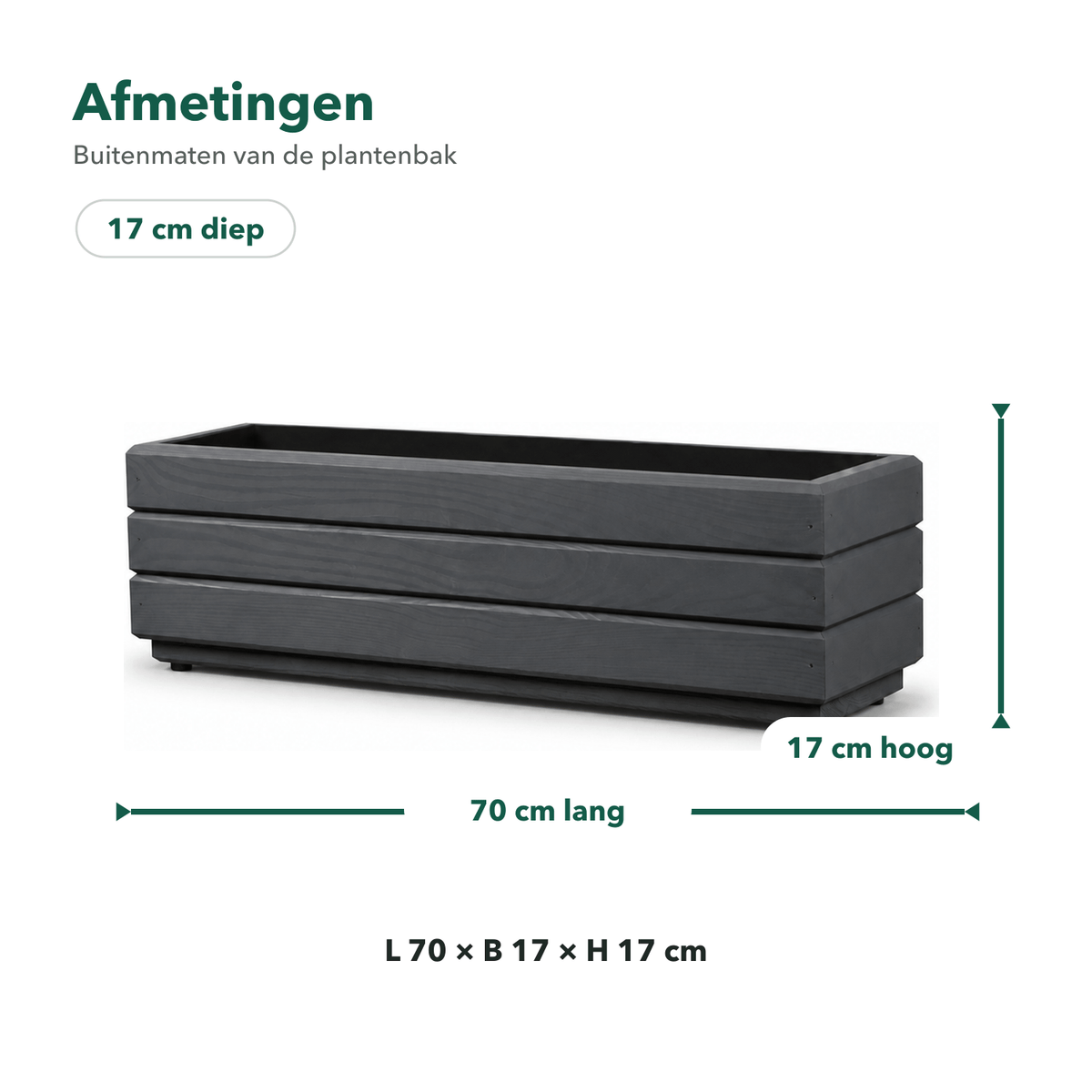 Afmetingen houten balkonplantenbak 70 × 17 × 17 cm antraciet 