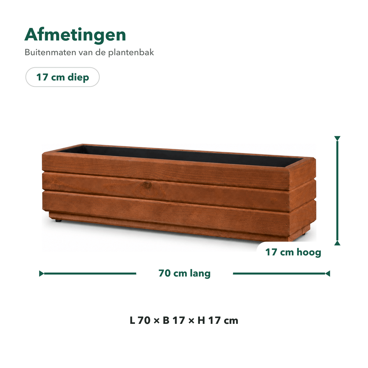 Afmetingen houten balkonplantenbak 70 × 17 × 17 cm walnoot 