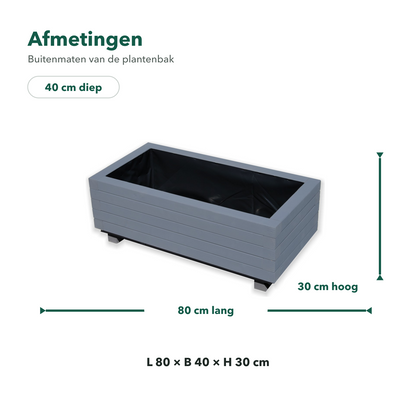 Afmetingen houten plantenbak 80 bij 40 bij 30 cm in antraciet 