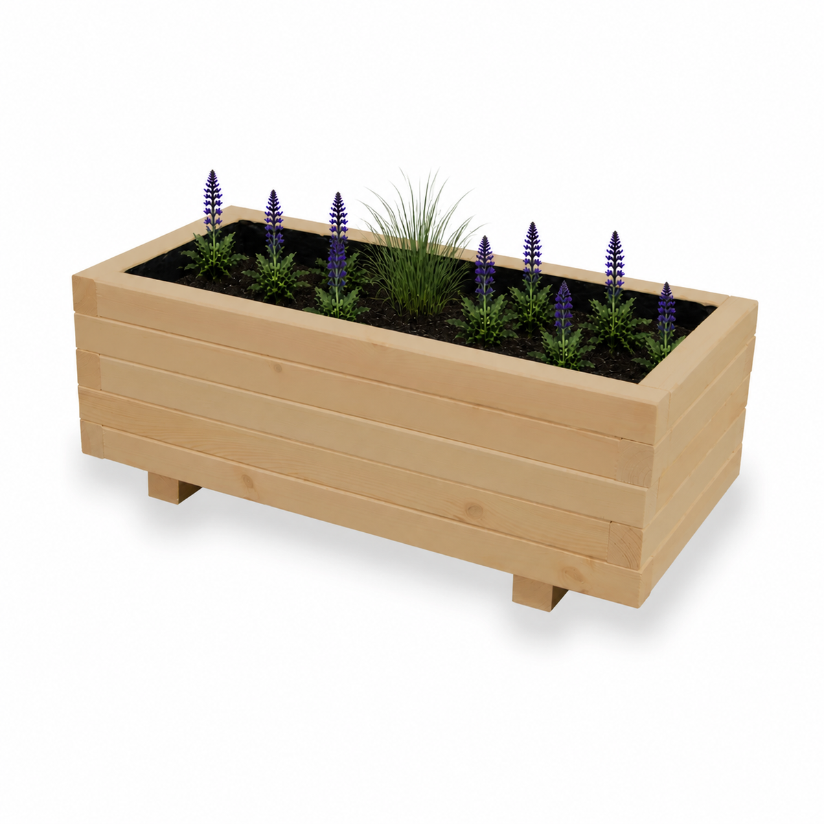 Houten plantenbak 80 cm in light oak met rustige beplanting op witte achtergrond 