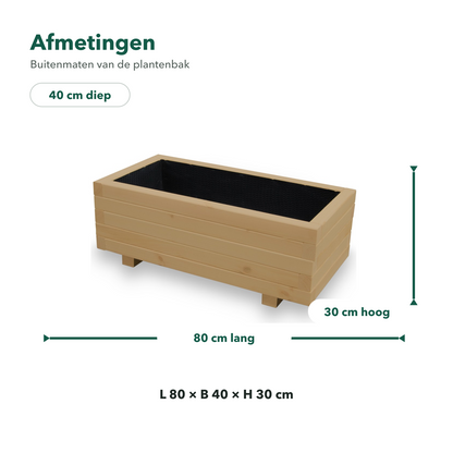 Afmetingen houten plantenbak 80 bij 40 bij 30 cm in light oak 
