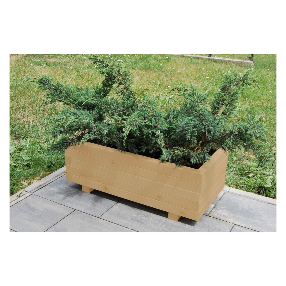 Houten plantenbak 80 cm in light oak in een echte tuin 