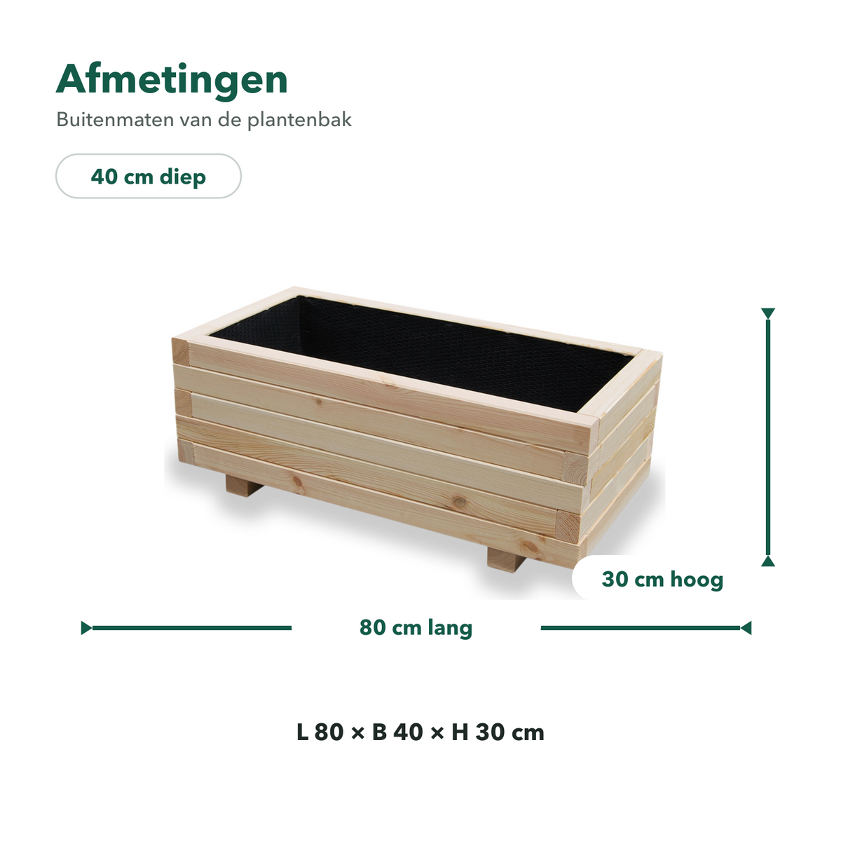 Afmetingen houten plantenbak 80 bij 40 bij 30 cm in naturel hout 