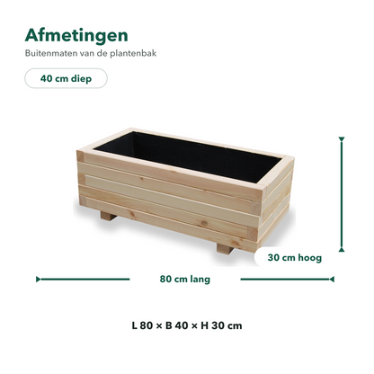 Afmetingen houten plantenbak 80 bij 40 bij 30 cm in naturel hout 
