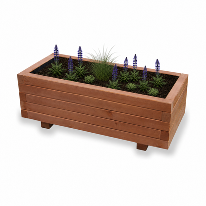 Houten plantenbak 80 cm in walnoot met rustige beplanting op witte achtergrond 