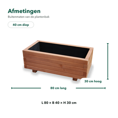 Afmetingen houten plantenbak 80 bij 40 bij 30 cm in walnoot 