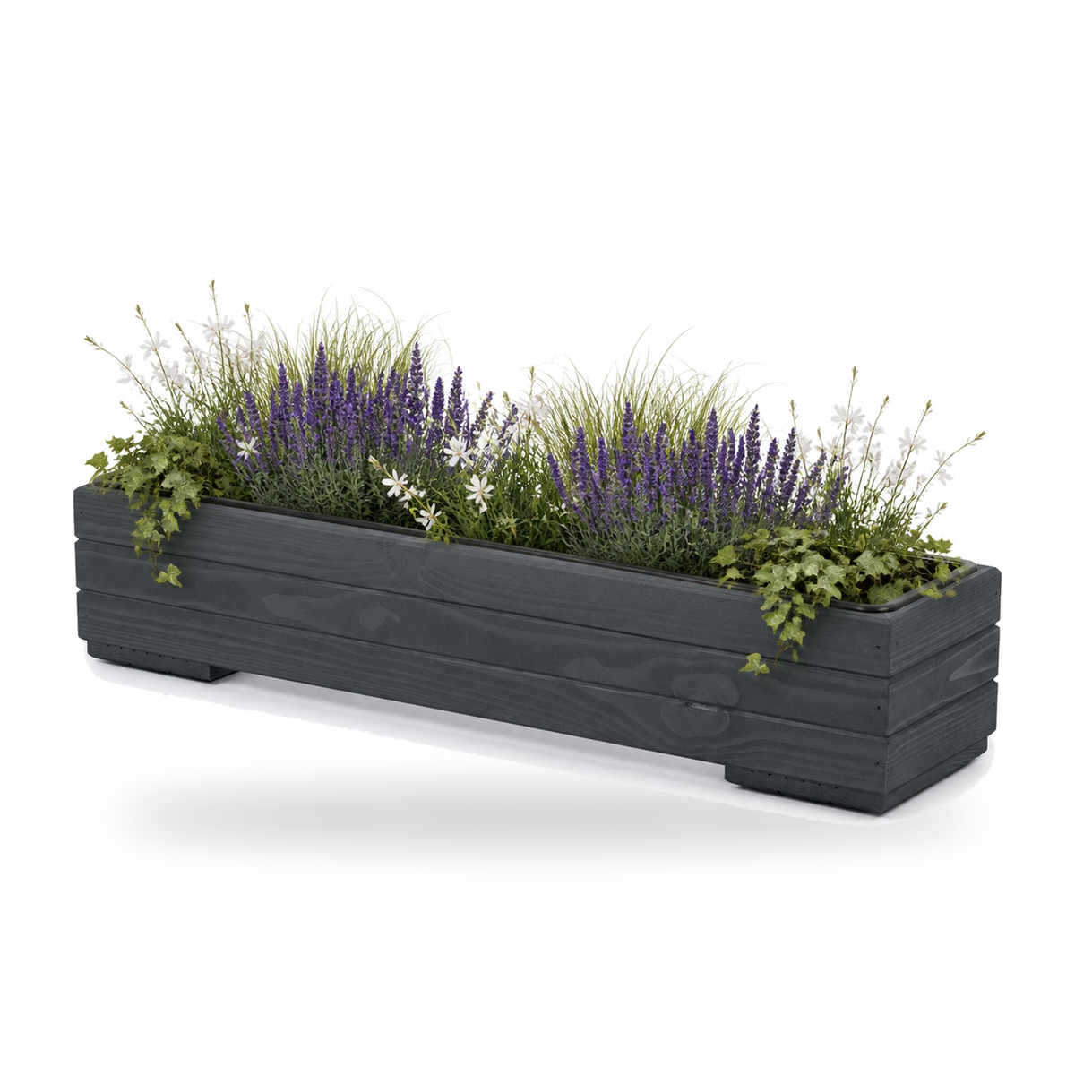 Houten balkonplantenbak 82 cm antraciet met uitneembare binnenbak en rustige beplanting 