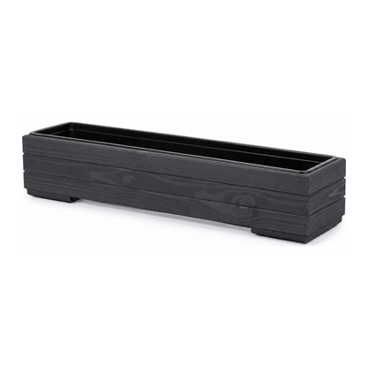Lege houten balkonplantenbak 82 cm antraciet met uitneembare binnenbak op witte achtergrond 