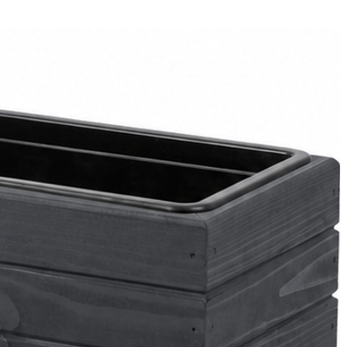 Detail houtnerf, hoekafwerking en binnenbak van houten balkonplantenbak 82 cm antraciet 