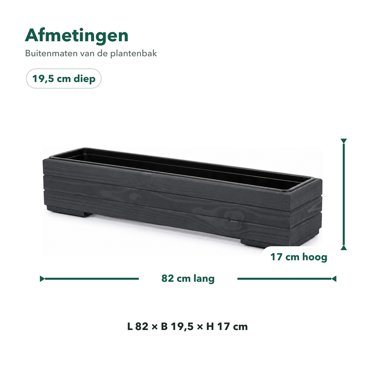 Afmetingen houten balkonplantenbak 82 × 19,5 × 17 cm antraciet met binnenbak 