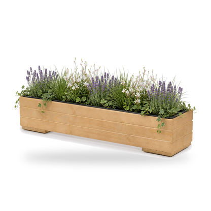 Houten balkonplantenbak 82 cm light oak met uitneembare binnenbak en rustige beplanting 