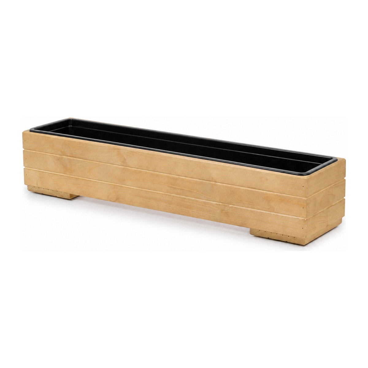 Lege houten balkonplantenbak 82 cm light oak met uitneembare binnenbak op witte achtergrond 