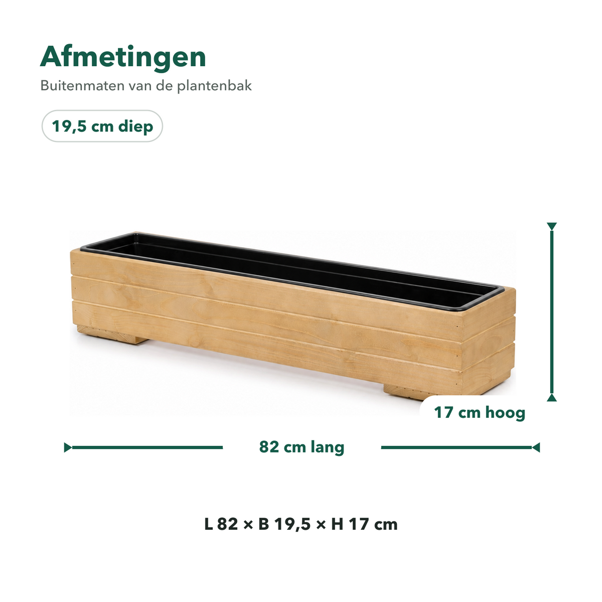 Afmetingen houten balkonplantenbak 82 × 19,5 × 17 cm light oak met binnenbak 