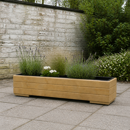 Houten balkonplantenbak 82 cm light oak met uitneembare binnenbak in Nederlandse tuin 