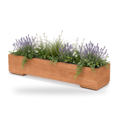 Houten balkonplantenbak 82 cm walnoot met uitneembare binnenbak en rustige beplanting 