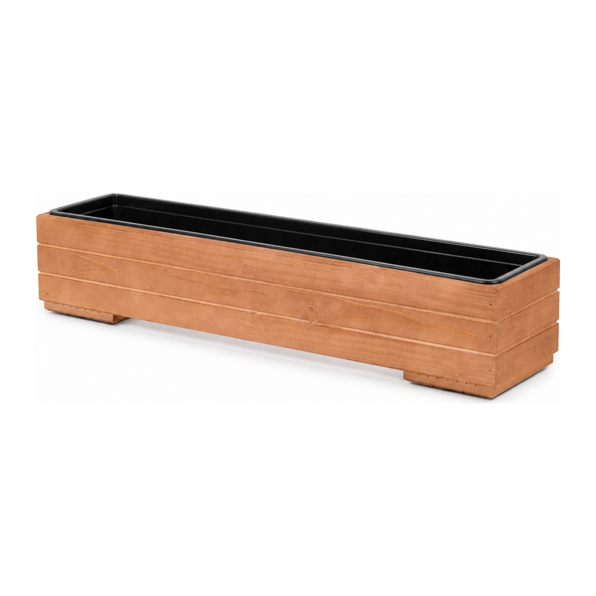 Lege houten balkonplantenbak 82 cm walnoot met uitneembare binnenbak op witte achtergrond 
