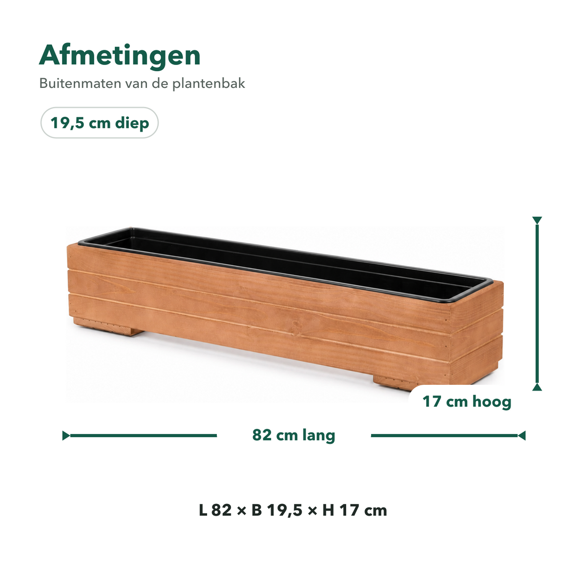 Afmetingen houten balkonplantenbak 82 × 19,5 × 17 cm walnoot met binnenbak 