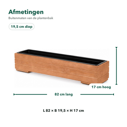 Afmetingen houten balkonplantenbak 82 × 19,5 × 17 cm walnoot met binnenbak 