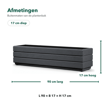 Afmetingen houten balkonplantenbak 90 × 17 × 17 cm antraciet 