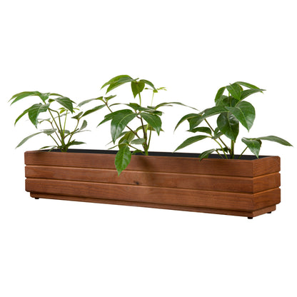 Houten balkonplantenbak 90 cm walnoot met rustige groene beplanting op witte achtergrond 