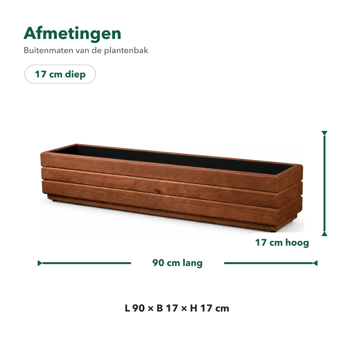 Afmetingen houten balkonplantenbak 90 × 17 × 17 cm walnoot 