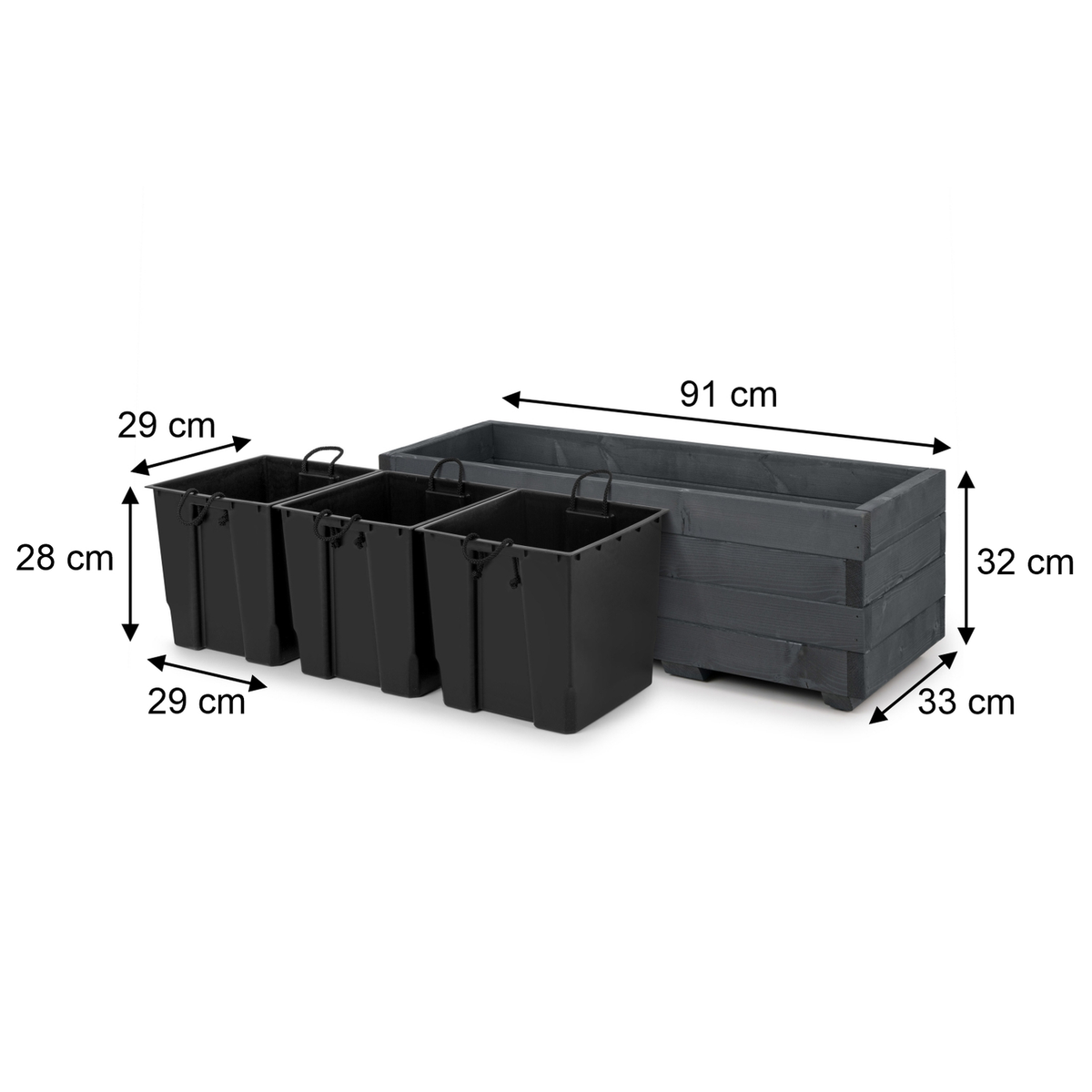 Afmetingen houten plantenbak 91 × 33 × 32 cm en binnenbakken 29 × 29 × 28 cm in antraciet 