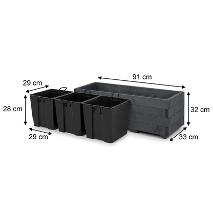 Afmetingen houten plantenbak 91 × 33 × 32 cm en binnenbakken 29 × 29 × 28 cm in antraciet 