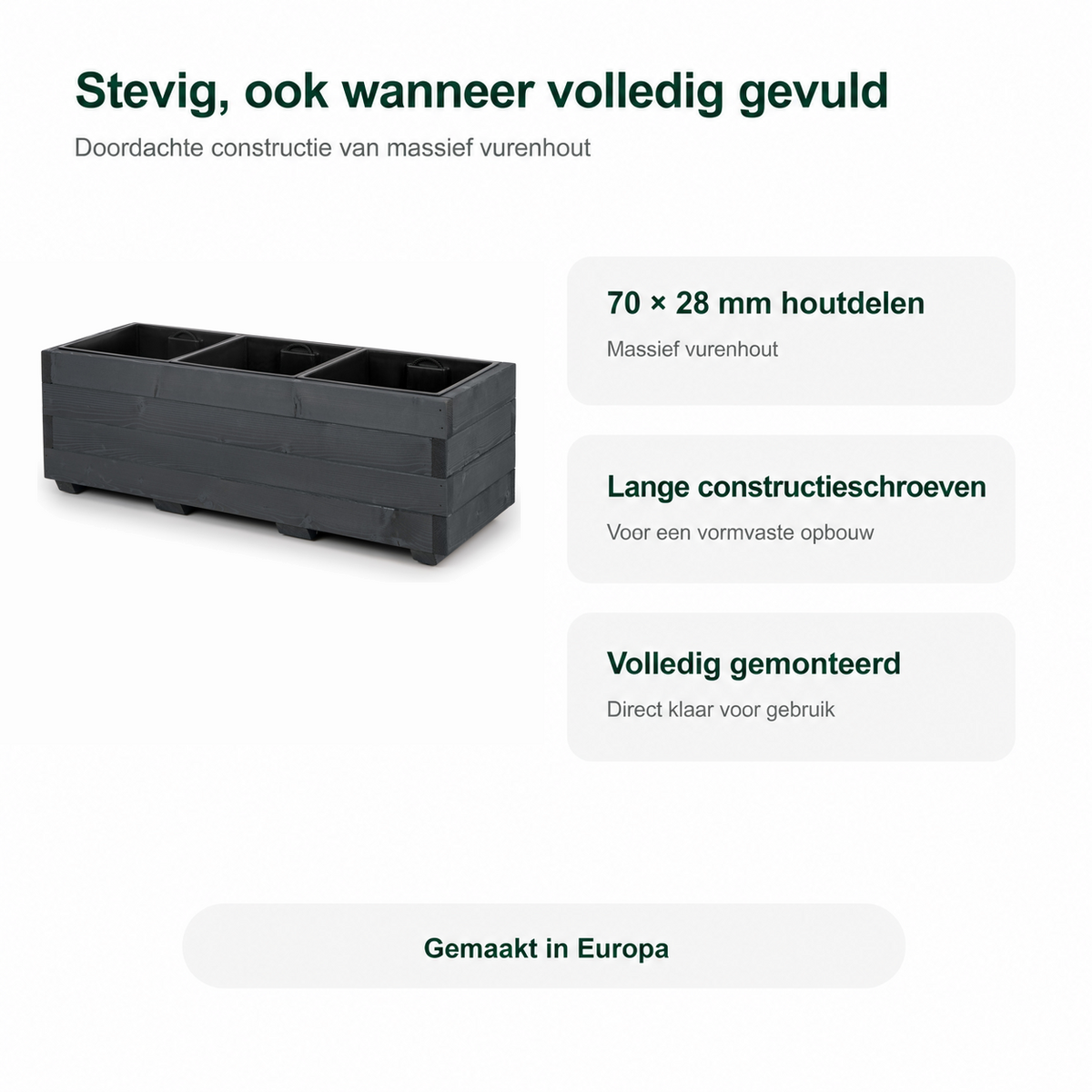 Stevige constructie van houten plantenbak 91 cm in antraciet: 70 × 28 mm houtdelen, lange constructieschroeven en volledig gemonteerd 