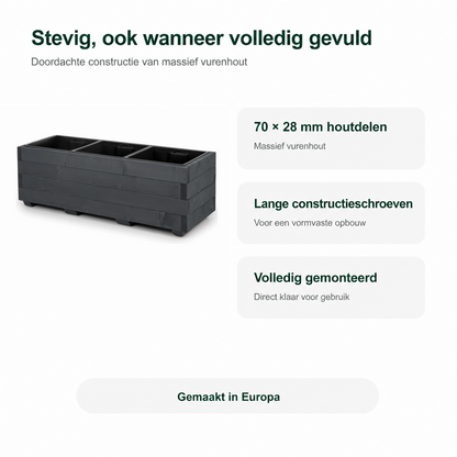 Stevige constructie van houten plantenbak 91 cm in antraciet: 70 × 28 mm houtdelen, lange constructieschroeven en volledig gemonteerd 