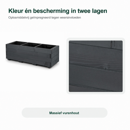 Detail van antraciet plantenbak 91 cm: oplosmiddelvrij geïmpregneerd in twee lagen tegen weersinvloeden 