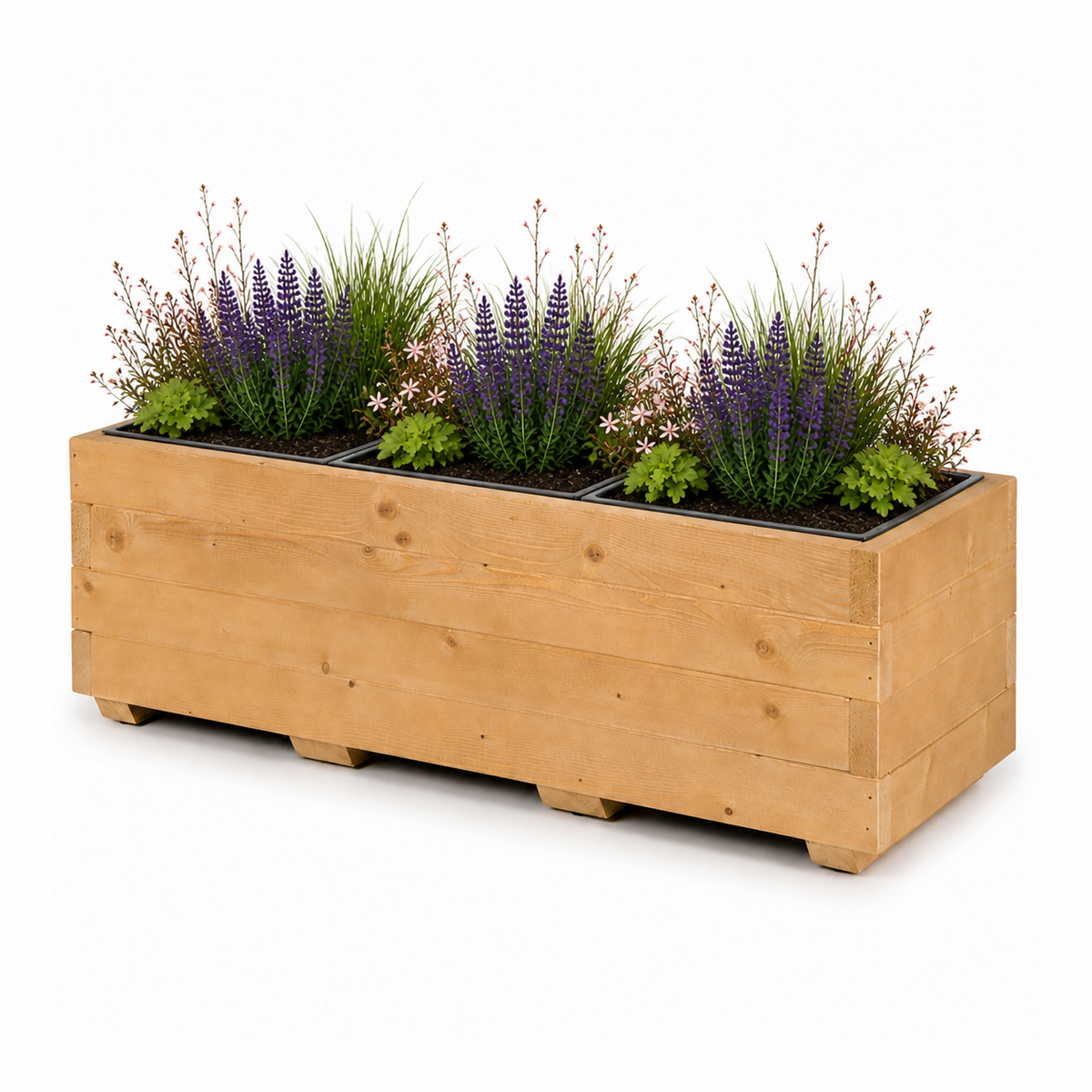 Houten plantenbak 91 cm met drie binnenbakken in light oak, rustig beplant met zichtbare aarde op witte achtergrond 