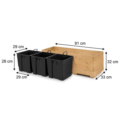 Afmetingen houten plantenbak 91 × 33 × 32 cm en binnenbakken 29 × 29 × 28 cm in light oak 