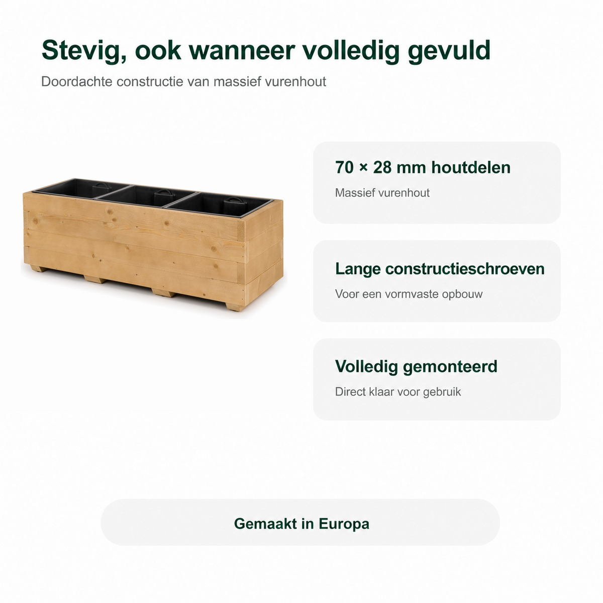 Stevige constructie van houten plantenbak 91 cm in light oak: 70 × 28 mm houtdelen, lange constructieschroeven en volledig gemonteerd 